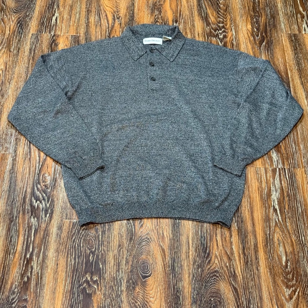 Barry Bricken Mens Size L Silk Cashmere Polo Sweater Charcoal Grey Marl Long Slv